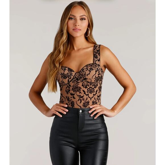 Windsor Nude Floral Stunner Flocked Bustier Bodysuit NWT Size Large - Picture 3 of 7